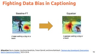 16
#Equalizer Burns, Kaylee, Lisa Anne Hendricks, Trevor Darrell, and Anna Rohrbach. "Women also Snowboard: Overcoming
Bias in Captioning Models." ECCV 2018.
Fighting Data Bias in Captioning
 