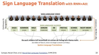 22
Sign Language Translation with RNN+Att
Camgoz, Necati Cihan, et al. Neural Sign Language Translation. CVPR 2018.
 