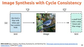 38
Image Synthesis with Cycle Consistency
#MirroGAN Qiao, Tingting, Jing Zhang, Duanqing Xu, and Dacheng Tao. "Mirrorgan: Learning text-to-image generation by
redescription." CVPR 2019. [code]
 