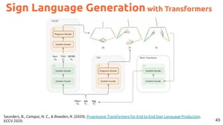 43
Saunders, B., Camgoz, N. C., & Bowden, R. (2020). Progressive Transformers for End-to-End Sign Language Production.
ECCV 2020.
Sign Language Generation with Transformers
 