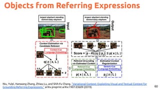 60
Niu, Yulei, Hanwang Zhang, Zhiwu Lu, and Shih-Fu Chang. "Variational Context: Exploiting Visual and Textual Context for
Grounding Referring Expressions." arXiv preprint arXiv:1907.03609 (2019).
Objects from Referring Expressions
 