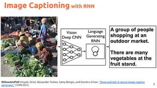 7
#ShowAndTell Vinyals, Oriol, Alexander Toshev, Samy Bengio, and Dumitru Erhan. "Show and tell: A neural image caption
generator." CVPR 2015.
Image Captioning with RNN
 
