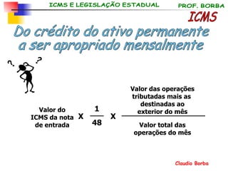 Valor do ICMS da nota de entrada X X ICMS Do crédito do ativo permanente  a ser apropriado mensalmente 1 48 Valor das operações tributadas mais as  destinadas ao exterior do mês Valor total das operações do mês 