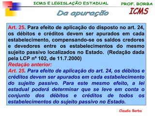 Art. 25 . Para efeito de aplicação do disposto no art. 24, os débitos e créditos devem ser apurados em cada estabelecimento, compensando-se os saldos credores e devedores entre os estabelecimentos do mesmo sujeito passivo localizados no Estado.  (Redação dada pela LCP nº 102, de 11.7.2000) Redação anterior: Art. 25 .  Para efeito de aplicação do art. 24, os débitos e créditos devem ser apurados em cada estabelecimento do sujeito passivo. Para este mesmo efeito, a lei estadual poderá determinar que se leve em conta o conjunto dos débitos e créditos de todos os estabelecimentos do sujeito passivo no Estado. ICMS Da apuração 