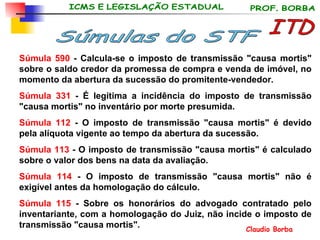 Súmula 590  - Calcula-se o imposto de transmissão "causa mortis" sobre o saldo credor da promessa de compra e venda de imóvel, no momento da abertura da sucessão do promitente-vendedor. Súmula 331  - É legítima a incidência do imposto de transmissão "causa mortis" no inventário por morte presumida. Súmula 112  - O imposto de transmissão "causa mortis" é devido pela alíquota vigente ao tempo da abertura da sucessão.     Súmula 113  - O imposto de transmissão "causa mortis" é calculado sobre o valor dos bens na data da avaliação.     Súmula 114  - O imposto de transmissão "causa mortis" não é exigível antes da homologação do cálculo.     Súmula 115  - Sobre os honorários do advogado contratado pelo inventariante, com a homologação do Juiz, não incide o imposto de transmissão "causa mortis".   ITD Súmulas do STF 
