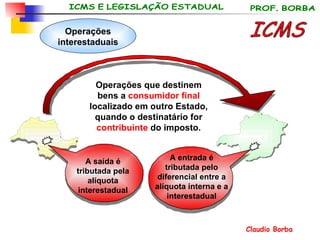 ICMS Operações interestaduais A saída é tributada pela alíquota interestadual A entrada é tributada pelo diferencial entre a alíquota interna e a interestadual Operações que destinem bens a  consumidor final  localizado em outro Estado, quando o destinatário for  contribuinte  do imposto. 