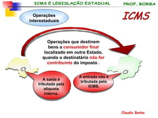 ICMS Operações interestaduais A saída é tributada pela alíquota interna. A entrada não é tributada pelo ICMS. Operações que destinem bens a  consumidor final  localizado em outro Estado, quando o destinatário  não for contribuinte  do imposto . 