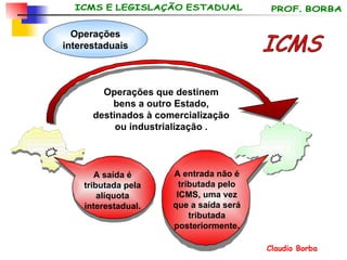 ICMS Operações interestaduais A saída é tributada pela alíquota interestadual. A entrada não é tributada pelo ICMS, uma vez que a saída será tributada posteriormente. Operações que destinem bens a outro Estado, destinados à comercialização ou industrialização . 