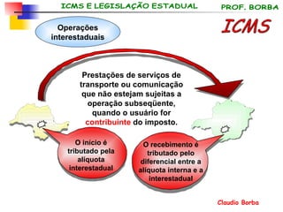 ICMS Operações interestaduais O início é tributado pela alíquota interestadual O recebimento é tributado pelo diferencial entre a alíquota interna e a interestadual Prestações de serviços de transporte ou comunicação que não estejam sujeitas a operação subseqüente,  quando o usuário for  contribuinte  do imposto. 