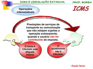 ICMS O recebimento não é tributado Operações interestaduais O início é tributado pela alíquota interna Prestações de serviços de transporte ou comunicação que não estejam sujeitas a operação subseqüente,  quando o usuário  não for   contribuinte  do imposto. 