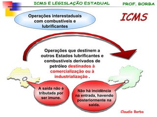 Operações interestaduais com combustíveis e lubrificantes ICMS Operações que destinem a outros Estados lubrificantes e combustíveis derivados de petróleo  destinados à comercialização ou à   industrialização  . Não há incidência na entrada, havendo posteriormente na saída. A saída não é tributada por ser imune. 