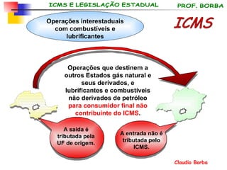 Operações interestaduais com combustíveis e lubrificantes ICMS Operações que destinem a outros Estados gás natural e seus derivados, e lubrificantes e combustíveis não derivados de petróleo  para consumidor final não contribuinte do ICMS . A saída é tributada pela UF de origem. A entrada não é tributada pelo ICMS. 