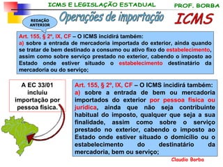 Art. 155, § 2º, IX, CF  – O ICMS incidirá também: a)  sobre a entrada de bem ou mercadoria importados do exterior  por pessoa física ou jurídica , ainda que não seja contribuinte habitual do imposto, qualquer que seja a sua finalidade, assim como sobre o serviço prestado no exterior, cabendo o imposto ao Estado onde estiver situado o domicílio ou o estabelecimento do destinatário da mercadoria, bem ou serviço; ICMS Operações de importação A EC 33/01 incluiu importação por pessoa física. Art. 155, § 2º, IX, CF  – O ICMS incidirá também: a)  sobre a entrada de mercadoria importada do exterior, ainda quando se tratar de bem destinado a consumo ou ativo fixo do  estabelecimento , assim como sobre serviço prestado no exterior, cabendo o imposto ao Estado onde estiver situado o  estabelecimento  destinatário da mercadoria ou do serviço; REDAÇÃO ANTERIOR 
