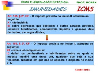 Art. 155, § 2º, CF  –  O imposto previsto no inciso II, atenderá ao seguinte: X  - não incidirá: b)  sobre operações que destinem a outros Estados petróleo, inclusive lubrificantes, combustíveis líquidos e gasosos dele derivados, e energia elétrica; ICMS IMUNIDADES Art. 155, § 2º, CF  –  O imposto previsto no inciso II, atenderá ao seguinte: XII  - cabe à lei complementar:  h)  definir os combustíveis e lubrificantes sobre os quais o imposto incidirá uma única vez, qualquer que seja a sua finalidade, hipótese em que não se aplicará o disposto no inciso X,  b ; 