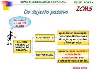 quando,  sem revestir a condição de contribuinte , sua obrigação esteja em lei. ICMS Do sujeito passivo SUJEITO PASSIVO DA OBRIGAÇÃO PRINCIPAL CONTRIBUINTE RESPONSÁVEL Recordando o art. 121 do CTN quando tenha relação pessoal e direta com a situação que constitua o fato gerador; 