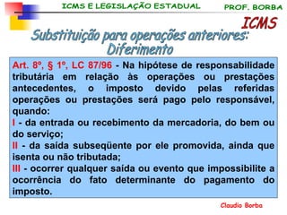 ICMS Substituição para operações anteriores: Diferimento Art. 8º, § 1º, LC 87/96  - Na hipótese de responsabilidade tributária em relação às operações ou prestações antecedentes, o imposto devido pelas referidas operações ou prestações será pago pelo responsável, quando: I  - da entrada ou recebimento da mercadoria, do bem ou do serviço; II  - da saída subseqüente por ele promovida, ainda que isenta ou não tributada; III  - ocorrer qualquer saída ou evento que impossibilite a ocorrência do fato determinante do pagamento do imposto. 