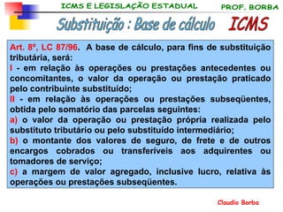 Art. 8º, LC 87/96 .  A base de cálculo, para fins de substituição tributária, será: I  - em relação às operações ou prestações antecedentes ou concomitantes, o valor da operação ou prestação praticado pelo contribuinte substituído; II  - em relação às operações ou prestações subseqüentes, obtida pelo somatório das parcelas seguintes: a)  o valor da operação ou prestação própria realizada pelo substituto tributário ou pelo substituído intermediário; b)  o montante dos valores de seguro, de frete e de outros encargos cobrados ou transferíveis aos adquirentes ou tomadores de serviço; c)  a margem de valor agregado, inclusive lucro, relativa às operações ou prestações subseqüentes. ICMS Substituição : Base de cálculo 