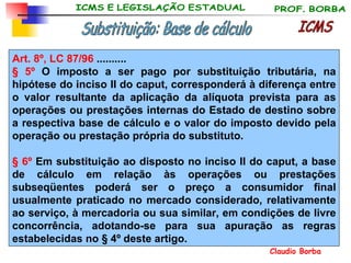 Art. 8º, LC 87/96  .......... § 5º  O imposto a ser pago por substituição tributária, na hipótese do inciso II do caput, corresponderá à diferença entre o valor resultante da aplicação da alíquota prevista para as operações ou prestações internas do Estado de destino sobre a respectiva base de cálculo e o valor do imposto devido pela operação ou prestação própria do substituto. § 6º  Em substituição ao disposto no inciso II do caput, a base de cálculo em relação às operações ou prestações subseqüentes poderá ser o preço a consumidor final usualmente praticado no mercado considerado, relativamente ao serviço, à mercadoria ou sua similar, em condições de livre concorrência, adotando-se para sua apuração as regras estabelecidas no § 4º   deste artigo.  ICMS Substituição: Base de cálculo 