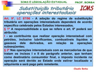 Art. 9º,   LC 87/96  - A adoção do regime de substituição tributária em operações interestaduais dependerá de acordo específico celebrado pelos Estados interessados. § 1º  A responsabilidade a que se refere o art. 6º poderá ser atribuída: I  - ao contribuinte que realizar operação interestadual com petróleo, inclusive lubrificantes, combustíveis líquidos e gasosos dele derivados, em relação às operações subseqüentes; § 2º  Nas operações interestaduais com as mercadorias de que tratam os incisos I e II do parágrafo anterior, que tenham como destinatário consumidor final, o imposto incidente na operação será devido ao Estado onde estiver localizado o adquirente e será pago pelo remetente. ICMS Substituição tributária operações interestaduais 