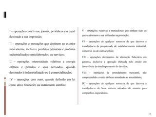 I – operações com livros, jornais, periódicos e o papel
destinado a sua impressão;
II – operações e prestações que destinem ao exterior
mercadorias, inclusive produtos primários e produtos
industrializados semielaborados, ou serviços;
II – operações interestaduais relativas a energia
elétrica e petróleo e seus derivados, quando
destinados à industrialização ou à comercialização;
IV – operações com ouro, quando definido em lei
como ativo financeiro ou instrumento cambial;
V – operações relativas a mercadorias que tenham sido ou
que se destinem a ser utilizadas na prestação;
VI – operações de qualquer natureza de que decorra a
transferência de propriedade de estabelecimento industrial,
comercial ou de outra espécie;
VII – operações decorrentes de alienação fiduciária em
garantia, inclusive a operação efetuada pelo credor em
decorrência do inadimplemento do devedor;
VIII – operações de arrendamento mercantil, não
compreendida a venda do bem arrendado ao arrendatário;
IX – operações de qualquer natureza de que decorra a
transferência de bens móveis salvados de sinistro para
companhias seguradoras.
12
 