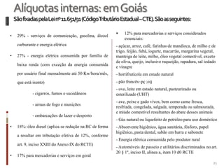 Alíquotasinternas:emGoiás
SãofixadaspelaLeinº11.651/91(CódigoTributárioEstadual–CTE).Sãoasseguintes:
• 29% - serviços de comunicação, gasolina, álcool
carburante e energia elétrica
• 27% - energia elétrica consumida por família de
baixa renda (com exceção da energia consumida
por usuário final mensalmente até 50 Kw/hora/mês,
que está isento)
- cigarros, fumos e sucedâneos
- armas de fogo e munições
- embarcações de lazer e desporto
• 18%: óleo diesel (aplica-se redução na BC de forma
a resultar em tributação efetiva de 12%, conforme
art. 9, inciso XXIII do Anexo IX do RCTE)
• 17% para mercadorias e serviços em geral
 12% para mercadorias e serviços considerados
essenciais:
- açúcar, arroz, café, farinhas de mandioca, de milho e de
trigo, feijão, fubá, iogurte, macarrão, margarina vegetal,
manteiga de leite, milho, óleo vegetal comestível, exceto
de oliva, queijo, inclusive requeijão, rapadura, sal iodado
e vinagre
- hortifrutícola em estado natural
- pão francês~pç ;oij
- ovo, leite em estado natural, pasteurizado ou
esterilizado (UHT)
- ave, peixe e gado vivos, bem como carne fresca,
resfriada, congelada, salgada, temperada ou salmourada,
e miúdo comestível resultantes do abate desses animais
- Gás natural ou liquefeito de petróleo para uso doméstico
- Absorvente higiênico, água sanitária, fósforo, papel
higiênico, pasta dental, sabão em barra e sabonete
- Energia elétrica consumida pelo produtor rural
- Automóveis de passeio e utilitários discriminados no art.
20 § 1º, inciso II, alínea a, item 10 d0 RCTE
21
 