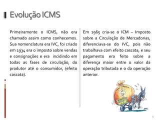 EvoluçãoICMS
Primeiramente o ICMS, não era
chamado assim como conhecemos.
Sua nomenclatura era IVC, foi criado
em 1934 era o imposto sobre vendas
e consignações e era incidindo em
todas as fases de circulação, do
produtor até o consumidor, (efeito
cascata).
Em 1965 cria-se o ICM – Imposto
sobre a Circulação de Mercadorias,
diferenciava-se do IVC, pois não
trabalhava com efeito cascata, e seu
pagamento era feito sobre a
diferença maior entre o valor da
operação tributada e o da operação
anterior.
5
 