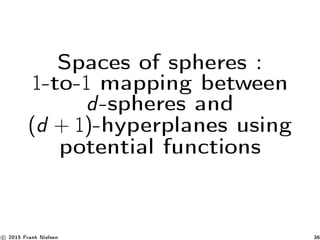 Spaces of spheres :
1-to-1 mapping between
d-spheres and
(d + 1)-hyperplanes using
potential functions
c 2015 Frank Nielsen 36
 