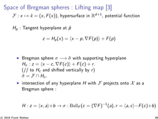 Space of Bregman spheres : Lifting map [3]
F : x → ˆx = (x, F(x)), hypersurface in Rd+1
, potential function
Hp : Tangent hyperplane at ˆp
z = Hp(x) = x − p, F(p) + F(p)
Bregman sphere σ −→ ˆσ with supporting hyperplane
Hσ : z = x − c, F(c) + F(c) + r.
(// to Hc and shifted vertically by r)
ˆσ = F ∩ Hσ.
intersection of any hyperplane H with F projects onto X as a
Bregman sphere :
H : z = x, a +b → σ : BallF (c = ( F)−1
(a), r = a, c −F(c)+b)
c 2015 Frank Nielsen 39
 
