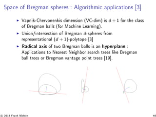 Space of Bregman spheres : Algorithmic applications [3]
Vapnik-Chervonenkis dimension (VC-dim) is d + 1 for the class
of Bregman balls (for Machine Learning).
Union/intersection of Bregman d-spheres from
representational (d + 1)-polytope [3]
Radical axis of two Bregman balls is an hyperplane :
Applications to Nearest Neighbor search trees like Bregman
ball trees or Bregman vantage point trees [19].
c 2015 Frank Nielsen 40
 