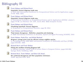 Bibliography III
Frank Nielsen and Richard Nock.
Hyperbolic Voronoi diagrams made easy.
In 2013 13th International Conference on Computational Science and Its Applications, pages
7480. IEEE, 2010.
Frank Nielsen and Richard Nock.
Hyperbolic Voronoi diagrams made easy.
In International Conference on Computational Science and its Applications (ICCSA), volume 1,
pages 7480, Los Alamitos, CA, USA, march 2010. IEEE Computer Society.
Frank Nielsen and Richard Nock.
Visualizing hyperbolic Voronoi diagrams.
In Symposium on Computational Geometry, page 90, 2014.
Frank Nielsen and Richard Nock.
Total Jensen divergences : Denition, properties and clustering.
In IEEE International Conference on Acoustics, Speech and Signal Processing (ICASSP), 2015.
Frank Nielsen, Paolo Piro, and Michel Barlaud.
Bregman vantage point trees for ecient nearest neighbor queries.
In Proceedings of the 2009 IEEE International Conference on Multimedia and Expo (ICME),
pages 878881, 2009.
Richard Nock and Frank Nielsen.
Fitting the smallest enclosing Bregman ball.
In Machine Learning, volume 3720 of Lecture Notes in Computer Science, pages 649656.
Springer Berlin Heidelberg, 2005.
Richard Nock, Frank Nielsen, and Shun-ichi Amari.
On conformal divergences and their population minimizers.
CoRR, abs/1311.5125, 2013.
c 2015 Frank Nielsen 56
 