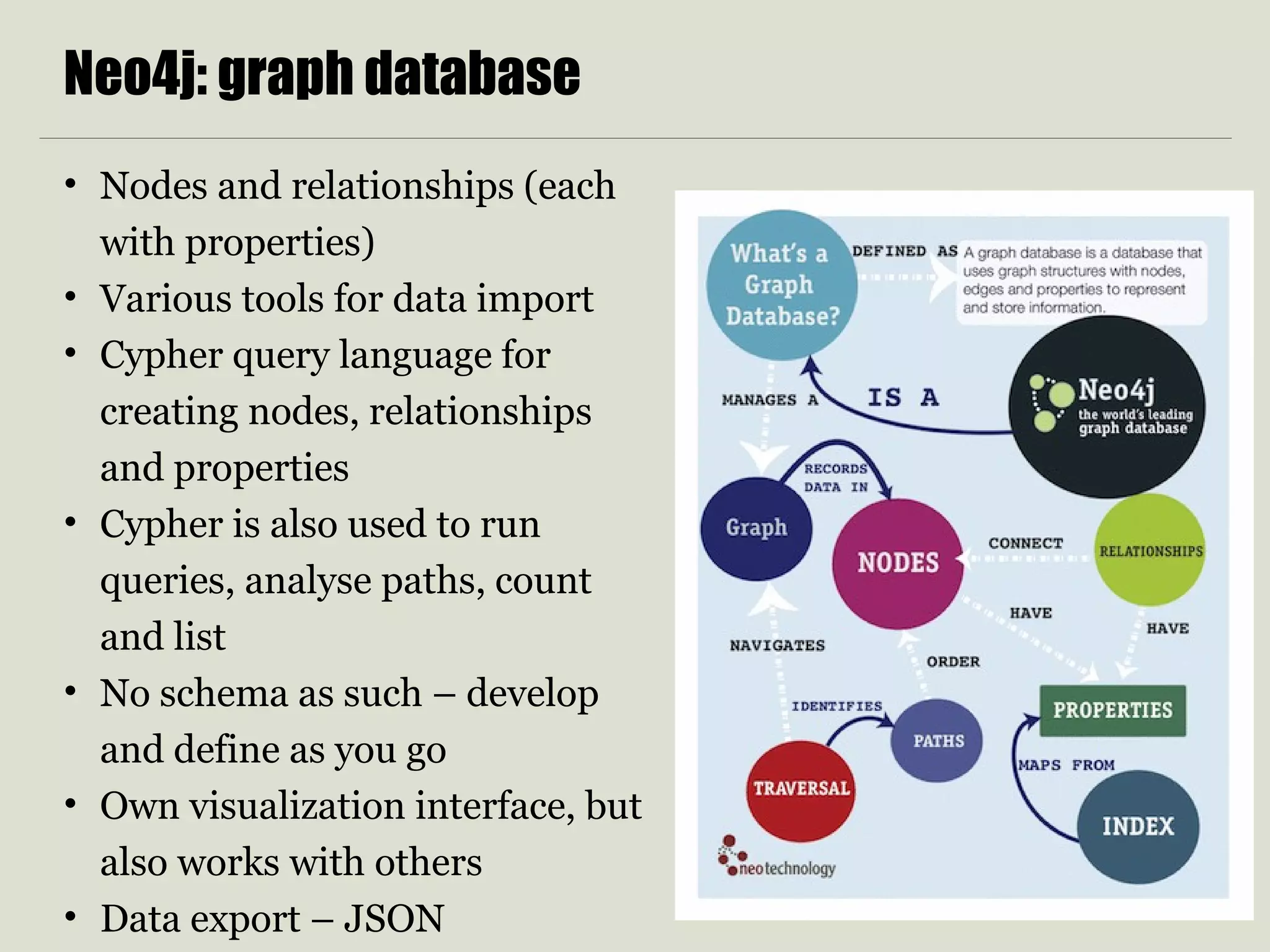 Neo4j: graph database
• Nodes and relationships (each
with properties)
• Various tools for data import
• Cypher query language for
creating nodes, relationships
and properties
• Cypher is also used to run
queries, analyse paths, count
and list
• No schema as such – develop
and define as you go
• Own visualization interface, but
also works with others
• Data export – JSON
 