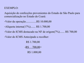 EXEMPLO: Aquisição de confecções provenientes do Estado de São Paulo para comercialização no Estado do Ceará: Valor da operação...............R$ 10.000,00 Alíquota interna(17%)....... R$ 1.700,00 Valor do ICMS destacado na NF de origem(7%)....... R$ 700,00 Valor do ICMS Antecipado a recolher: R$ 1.700,00 - R$  700,00 =    R$ 1.000,00 