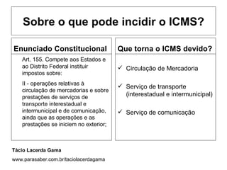 Sobre o que pode incidir o ICMS?

Enunciado Constitucional                 Que torna o ICMS devido?
    Art. 155. Compete aos Estados e
    ao Distrito Federal instituir         Circulação de Mercadoria
    impostos sobre:
    II - operações relativas à
                                          Serviço de transporte
    circulação de mercadorias e sobre
    prestações de serviços de              (interestadual e intermunicipal)
    transporte interestadual e
    intermunicipal e de comunicação,      Serviço de comunicação
    ainda que as operações e as
    prestações se iniciem no exterior;



Tácio Lacerda Gama
www.parasaber.com.br/taciolacerdagama
 