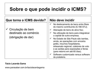 Sobre o que pode incidir o ICMS?

Que torna o ICMS devido?                Não deve incidir
                                         No deslocamento de bens entre filiais
                                          do mesmo contribuinte (S.166 STJ);
 Circulação de bem                      Alienação de bens do ativo fixo;
  destinado ao comércio                  Na utilização de bens para integralizar
                                          o capital de outra empresa;
  (obrigação de dar)                     No Estado de São Paulo são isentas,
                                          ainda, as operações com amostra
                                          grátis, insumos hospitalares,
                                          artesanato regional, coletores de voto
                                          e as saídas para exposições e feiras
                                          (para retorno em até 60 dias).
                                         Software customizado versus software
                                          de prateleira.


Tácio Lacerda Gama
www.parasaber.com.br/taciolacerdagama
 