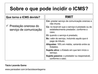 Sobre o que pode incidir o ICMS?
Que torna o ICMS devido?                                   RMIT
                                        Cm: prestar serviço de comunicação oneroso e
                                            não imune;
 Prestação onerosa do                  Ce: no local em que o serviço é prestado ou do
  serviço de comunicação                    estabelecimento prestador, conforme o
                                            caso;
                                        Ct: quando o serviço é prestado;
                                        Bc: valor do serviço, incluindo aquilo que é
                                            pago de tributo;
                                        Alíquotas: 18% em média, variando entre os
                                            Estados;
                                        Sujeito ativo: o Estado em que tem início o
                                            serviço;
                                        Sujeito passivo: o prestador ou responsável,
                                            conforme o caso.


Tácio Lacerda Gama
www.parasaber.com.br/taciolacerdagama
 
