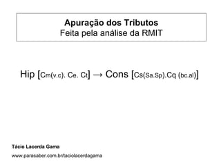 Apuração dos Tributos
                     Feita pela análise da RMIT



   Hip [Cm(v.c). Ce. Ct] → Cons [Cs(Sa.Sp).Cq (bc.al)]




Tácio Lacerda Gama
www.parasaber.com.br/taciolacerdagama
 