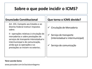 Sobre o que pode incidir o ICMS?
Enunciado Constitucional
Art. 155. Compete aos Estados e ao
Distrito Federal instituir impostos
sobre:
II - operações relativas à circulação de
mercadorias e sobre prestações de
serviços de transporte interestadual e
intermunicipal e de comunicação,
ainda que as operações e as
prestações se iniciem no exterior;
Que torna o ICMS devido?
 Circulação de Mercadoria
 Serviço de transporte
(interestadual e intermunicipal)
 Serviço de comunicação
Tácio Lacerda Gama
www.parasaber.com.br/taciolacerdagama
 