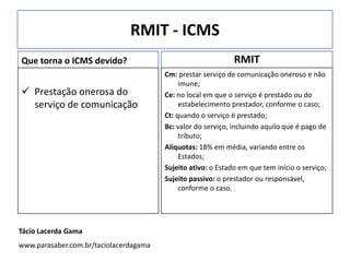 RMIT - ICMS
Que torna o ICMS devido?
 Prestação onerosa do
serviço de comunicação
RMIT
Cm: prestar serviço de comunicação oneroso e não
imune;
Ce: no local em que o serviço é prestado ou do
estabelecimento prestador, conforme o caso;
Ct: quando o serviço é prestado;
Bc: valor do serviço, incluindo aquilo que é pago de
tributo;
Alíquotas: 18% em média, variando entre os
Estados;
Sujeito ativo: o Estado em que tem início o serviço;
Sujeito passivo: o prestador ou responsável,
conforme o caso.
Tácio Lacerda Gama
www.parasaber.com.br/taciolacerdagama
 