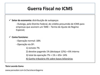 Guerra Fiscal no ICMS
 Setor da economia: distribuição de autopeças
- Outorga, pelo Distrito Federal, de crédito presumido de ICMS para
empresas que assinem um TARE – Termo de Ajuste de Regime
Especial;
 Como funciona:
- Operação normal: 18%
- Operação via DF:
1) remete 7%
2) devolve pagando 1% (destaque 12%) + 6% interna
3) total da operação 7% + 1% + 6%= 14%
4) Ganho tributário 4% sobre bases bilionárias
Tácio Lacerda Gama
www.parasaber.com.br/taciolacerdagama
 