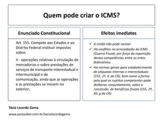 Quem pode criar o ICMS?
Enunciado Constitucional
Art. 155. Compete aos Estados e ao
Distrito Federal instituir impostos
sobre:
II - operações relativas à circulação de
mercadorias e sobre prestações de
serviços de transporte interestadual e
intermunicipal e de
comunicação, ainda que as operações
e as prestações se iniciem no
exterior;
Efeitos imediatos
 A União não pode isentar
 Há conflitos na arrecadação do ICMS
(Guerra Fiscal), por força da repartição
destas competências entre os entes
federativos;
 Há normas gerais para estabelecimento
de alíquotas internas e interestaduais
(155, 2º, V, da CR), bem como a forma
pela qual os sujeitos competentes pode
deliberar, conjuntamente, sobre a
concessão de benefícios fiscais (155, 2º,
XII, g da CR).
Tácio Lacerda Gama
www.parasaber.com.br/taciolacerdagama
 