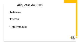 Alíquotas do ICMS
• Podem ser:
•Interna
• Interestadual
 