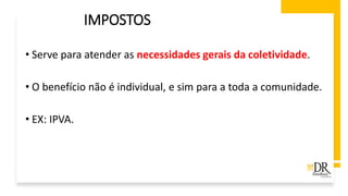 IMPOSTOS
• Serve para atender as necessidades gerais da coletividade.
• O benefício não é individual, e sim para a toda a comunidade.
• EX: IPVA.
 