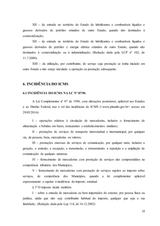 12
XII - da entrada no território do Estado de lubrificantes e combustíveis líquidos e
gasosos derivados de petróleo oriundos de outro Estado, quando não destinados à
comercialização;
XII - da entrada no território do Estado de lubrificantes e combustíveis líquidos e
gasosos derivados de petróleo e energia elétrica oriundos de outro Estado, quando não
destinados à comercialização ou à industrialização; (Redação dada pela LCP nº 102, de
11.7.2000).
XIII - da utilização, por contribuinte, de serviço cuja prestação se tenha iniciado em
outro Estado e não esteja vinculada a operação ou prestação subsequente.
6. INCIDÊNCIA DO ICMS
6.1 INCIDÊNCIA DO ICMS NA LC Nº 87/96
A Lei Complementar nº 87 de 1996, com alterações posteriores, aplicável aos Estados
e ao Distrito Federal, traz o rol das incidências do ICMS (<www.planalto.gov.br> acesso em
29/05/2016):
I - operações relativas à circulação de mercadorias, inclusive o fornecimento de
alimentação e bebidas em bares, restaurantes e estabelecimentos similares;
II - prestações de serviços de transporte interestadual e intermunicipal, por qualquer
via, de pessoas, bens, mercadorias ou valores;
III - prestações onerosas de serviços de comunicação, por qualquer meio, inclusive a
geração, a emissão, a recepção, a transmissão, a retransmissão, a repetição e a ampliação de
comunicação de qualquer natureza;
IV - fornecimento de mercadorias com prestação de serviços não compreendidos na
competência tributária dos Municípios;
V - fornecimento de mercadorias com prestação de serviços sujeitos ao imposto sobre
serviços, de competência dos Municípios, quando a lei complementar aplicável
expressamente o sujeitar à incidência do imposto estadual.
§ 1º O imposto incide também:
I – sobre a entrada de mercadoria ou bem importados do exterior, por pessoa física ou
jurídica, ainda que não seja contribuinte habitual do imposto, qualquer que seja a sua
finalidade; (Redação dada pela Lcp 114, de 16.12.2002)
 