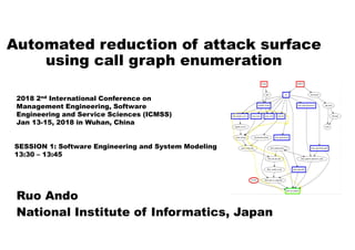 Automated reduction of attack surface
using call graph enumeration
Ruo Ando
National Institute of Informatics, Japan
2018 2nd International Conference on
Management Engineering, Software
Engineering and Service Sciences (ICMSS)
Jan 13-15, 2018 in Wuhan, China
SESSION 1: Software Engineering and System Modeling
13:30 – 13:45
 