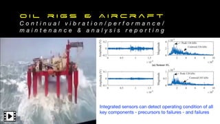 O i l r i g s & A i r c r a f t
C o n t i n u a l v i b r a t i o n / p e r f o r m a n c e /
m a i n t e n a n c e & a n a l y s i s r e p o r t i n g
Integrated sensors can detect operating condition of all
key components - precursors to failures - and failures
 