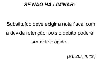 SE NÃO HÁ LIMINAR:

Substituído deve exigir a nota fiscal com
a devida retenção, pois o débito poderá
ser dele exigido.
(art. 267, II, “b”)

 