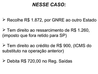 NESSE CASO:
 Recolhe R$ 1.872, por GNRE ao outro Estado
 Tem direito ao ressarcimento de R$ 1.260,
(imposto que fora retido para SP)
 Tem direito ao crédito de R$ 900, (ICMS do
substituto na operação anterior)
 Debita R$ 720,00 no Reg. Saídas

 