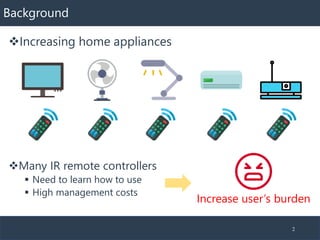 Background
❖Increasing home appliances
2
❖Many IR remote controllers
▪ Need to learn how to use
▪ High management costs
In...