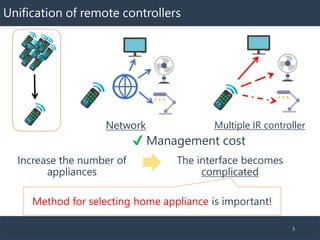 Unification of remote controllers
3
Network Multiple IR controller
Increase the number of
appliances
The interface becomes...