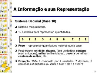 Sistema mais utilizado.  10 símbolos para representar  quantidades.  0   1  2   3 4  5  6   7 8  9 Peso  – representar quantidades maiores que a base.  Peso trouxe:  unidade ,  dezena , (dez unidades),  centena  (cem unidades),  milhar  (mil unidades),  dezena de milhar ,  centena de milhar , etc. Exemplo : 2574 é composto por 4 unidades, 7 dezenas, 5 centenas e 2 milhares, ou 2000 + 500 + 70 + 4 = 2574 Sistema Decimal (Base 10) A Informação e sua Representação 